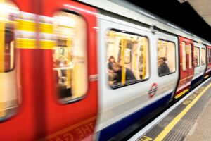 London underground train motion blurred.