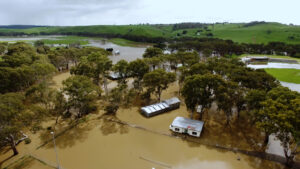 Drone shot of flooding in a rural town in Victoria, Australia.