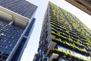 Low angle view of apartment building with vertical garden in Sydney Australia.