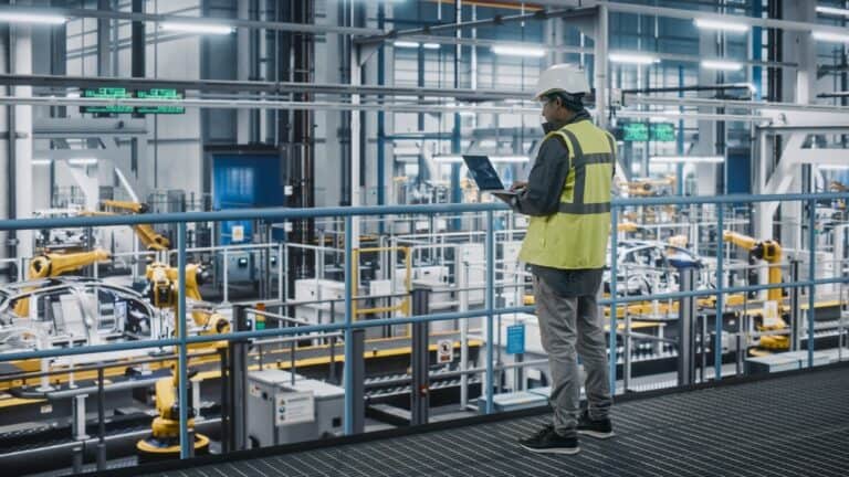 Car factory engineer in high visibility vest using laptop computer.