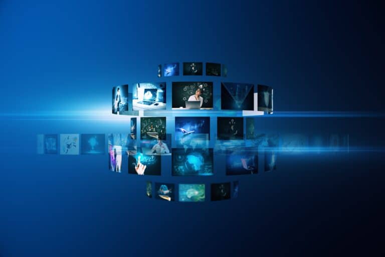 Creative digital picture gallery on a blue background.