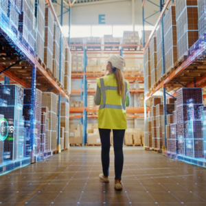 Young woman in high visibility vest and hard hat walks through a warehouse of boxes.