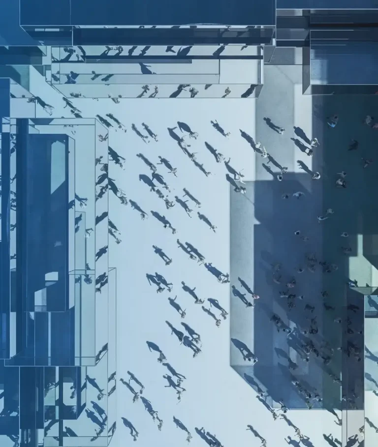 Aerial view of many people and their shadows crossing a city square.