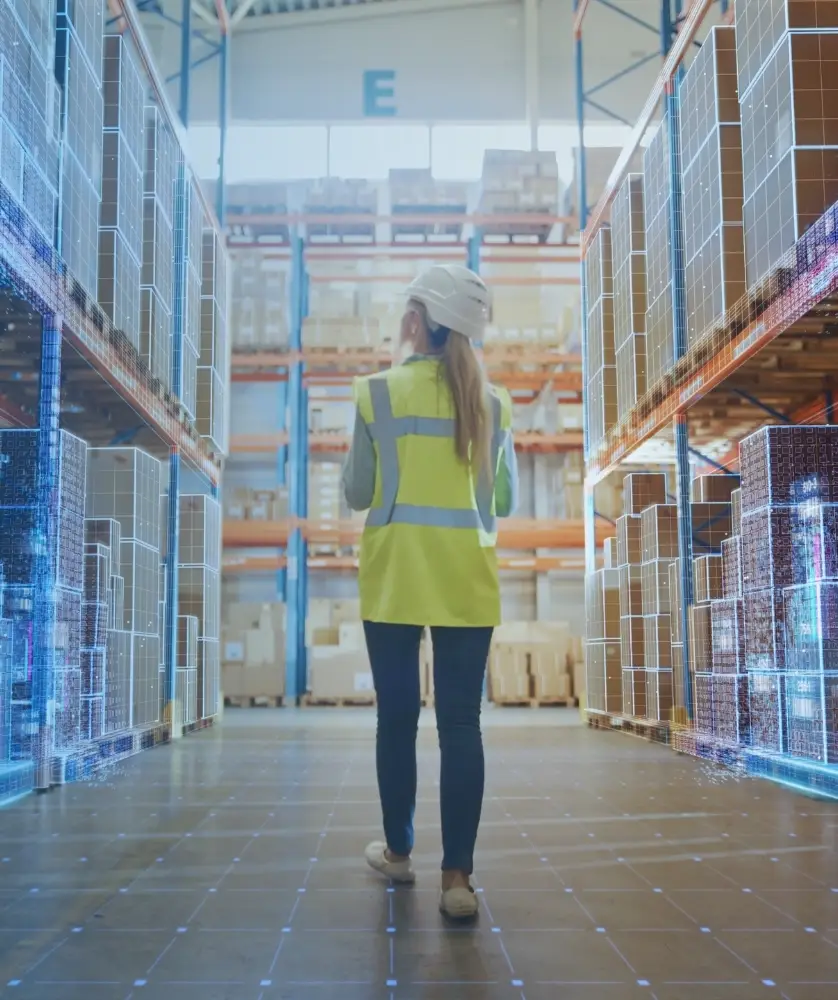 Young woman in a high visibility vest and hard hard walks through a warehouse of boxes.