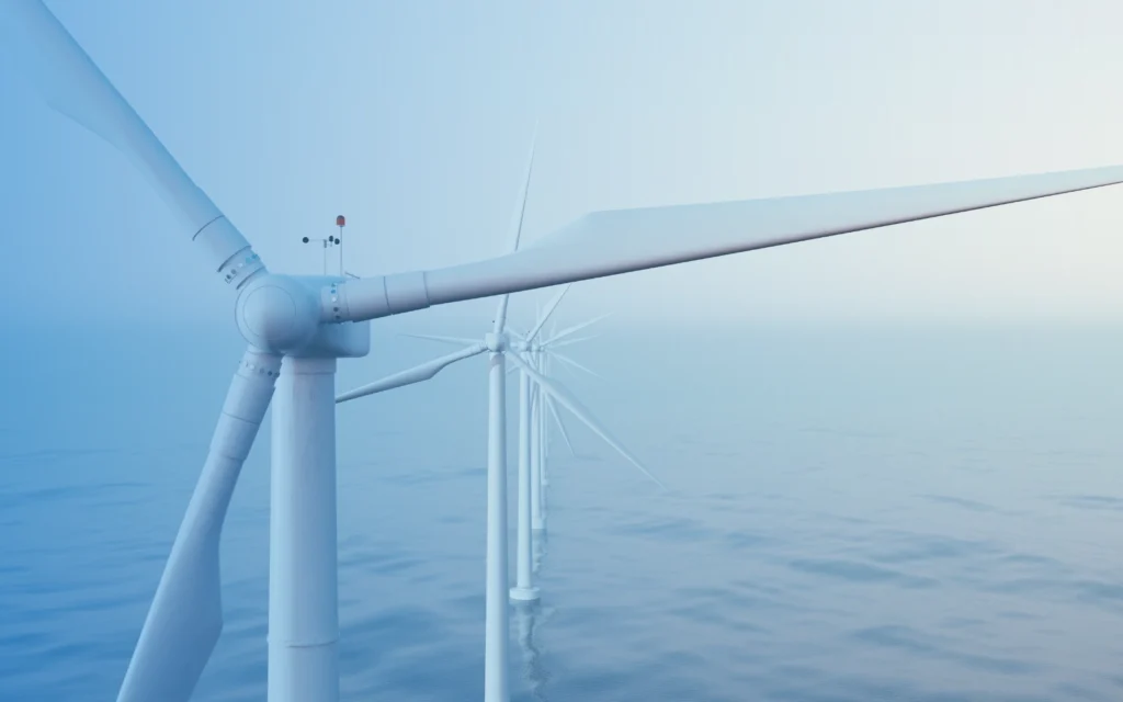 Wind turbines at sea making a wind farm.