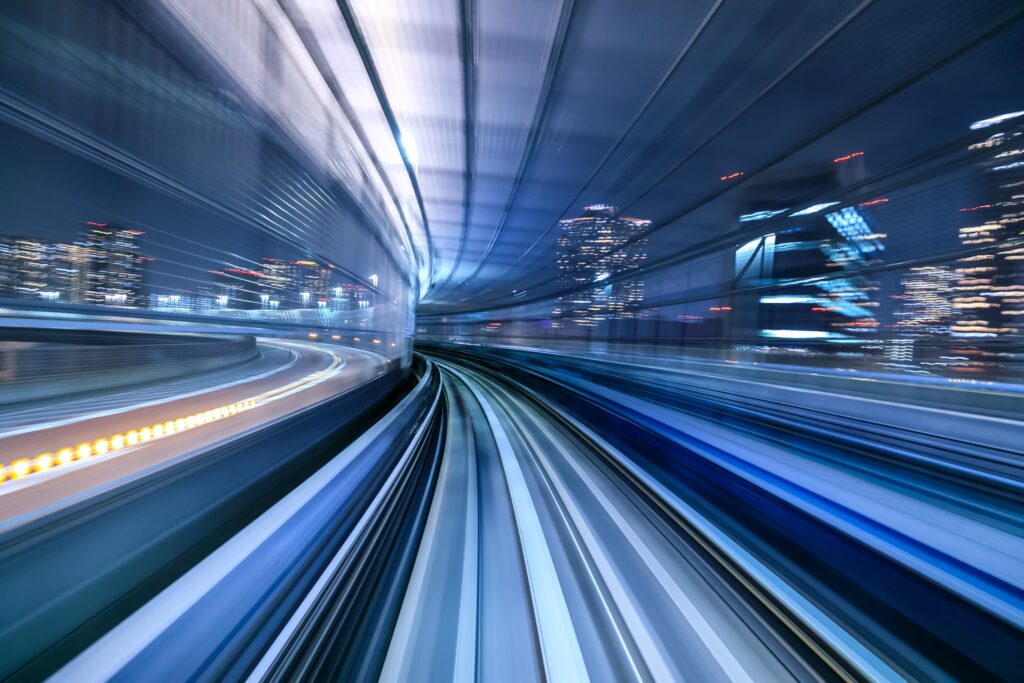 Motion blur of train moving inside tunnel in Tokyo, Japan.