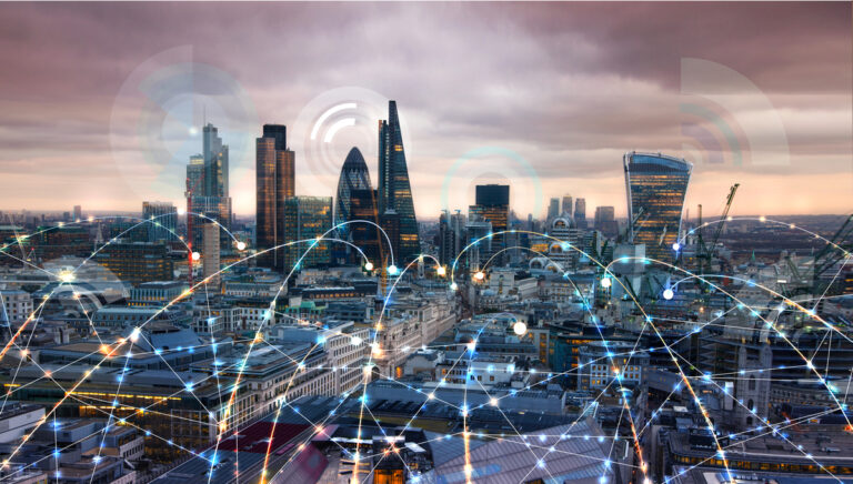 City of London at sunset with illustration of network connections.