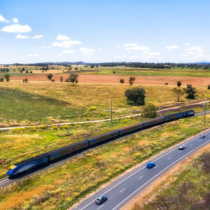 XPT train travels through rural Australia.