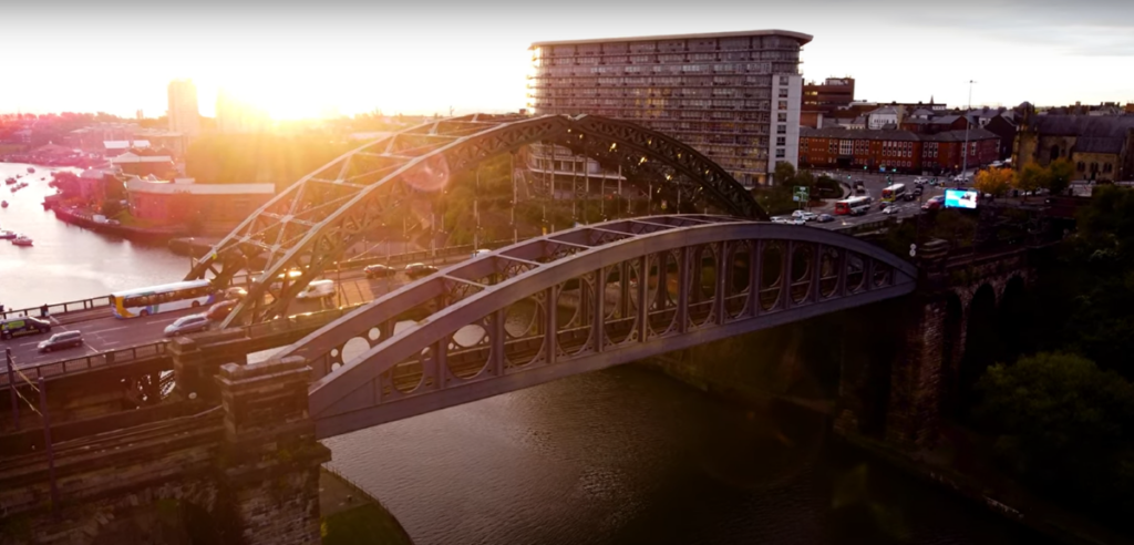 Wearmouth Bridge in Sunderland at sunset.