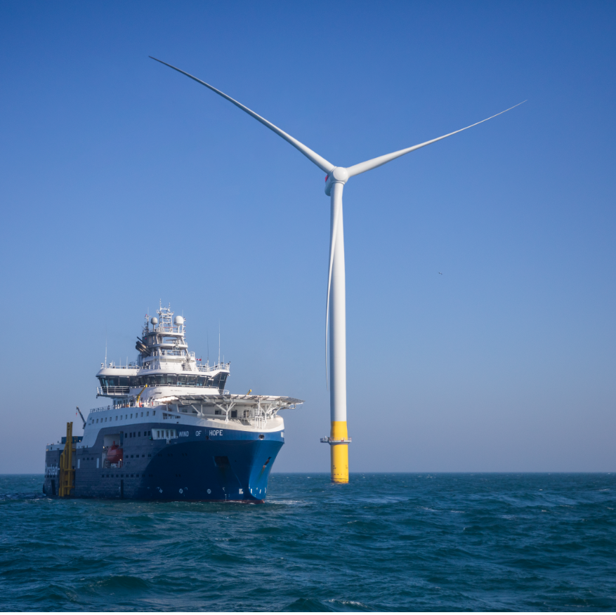 Ship passing wind turbine at the Hornsea wind farm.