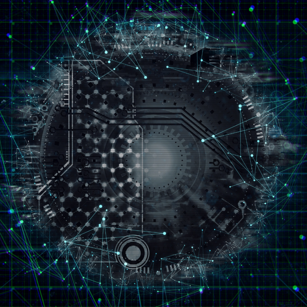 Digital render of a circular mechanism with connected lines and dots on a black background.