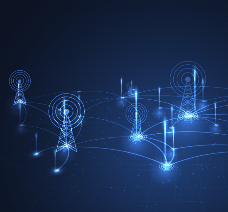 Digital render of transmission towers connected by illuminated lines.