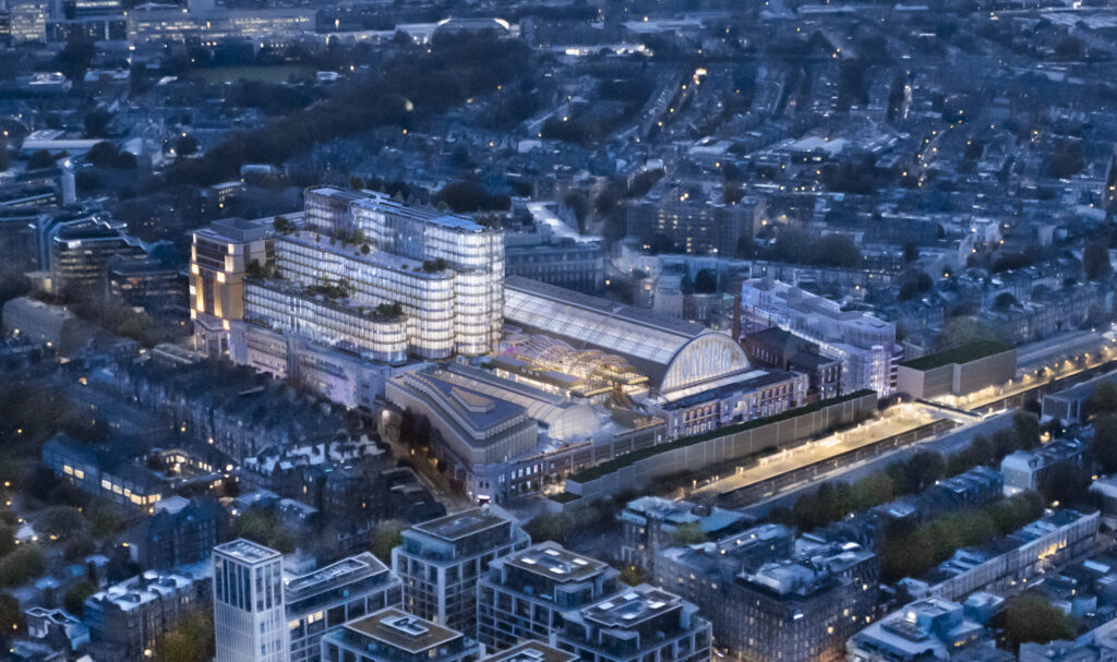 Olympia Events centre, London aerial view at night.