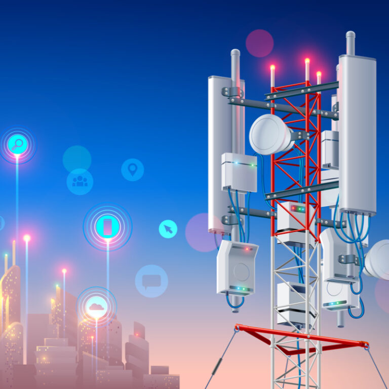 Digital render of a transmission tower with a city in the background and digital icons floating above.