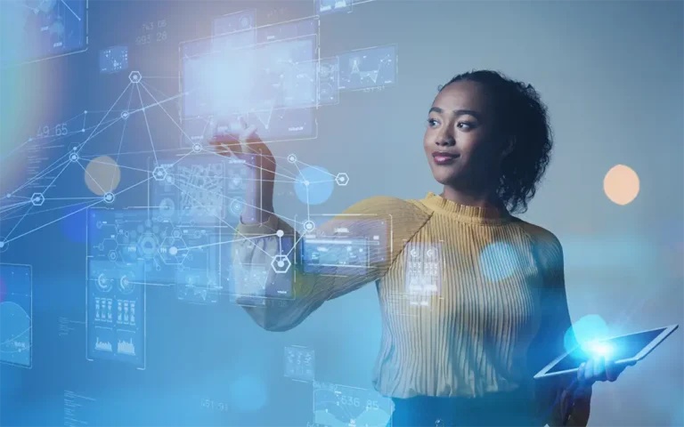 Young woman holds a tablet and gestures at floating display of charts and graphs.