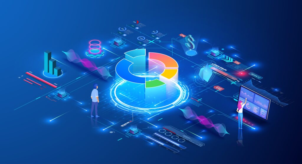 Digital image of people working with a data visualization of investment monitoring.