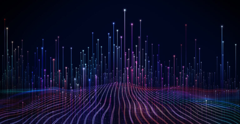 Abstract dot point wave design with gradient line indicating business big data connection.