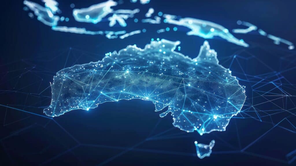 Digital map of Australia, concept of networks and connectivity, data transfer and cyber technology, information exchange and telecommunication.