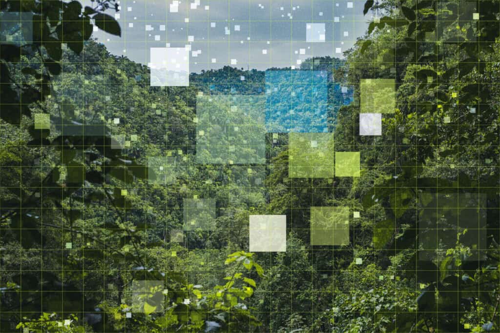 Green jungle with grid lines and digital pixels overlay.