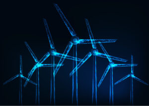 Digital render of windfarm of blue windmills.